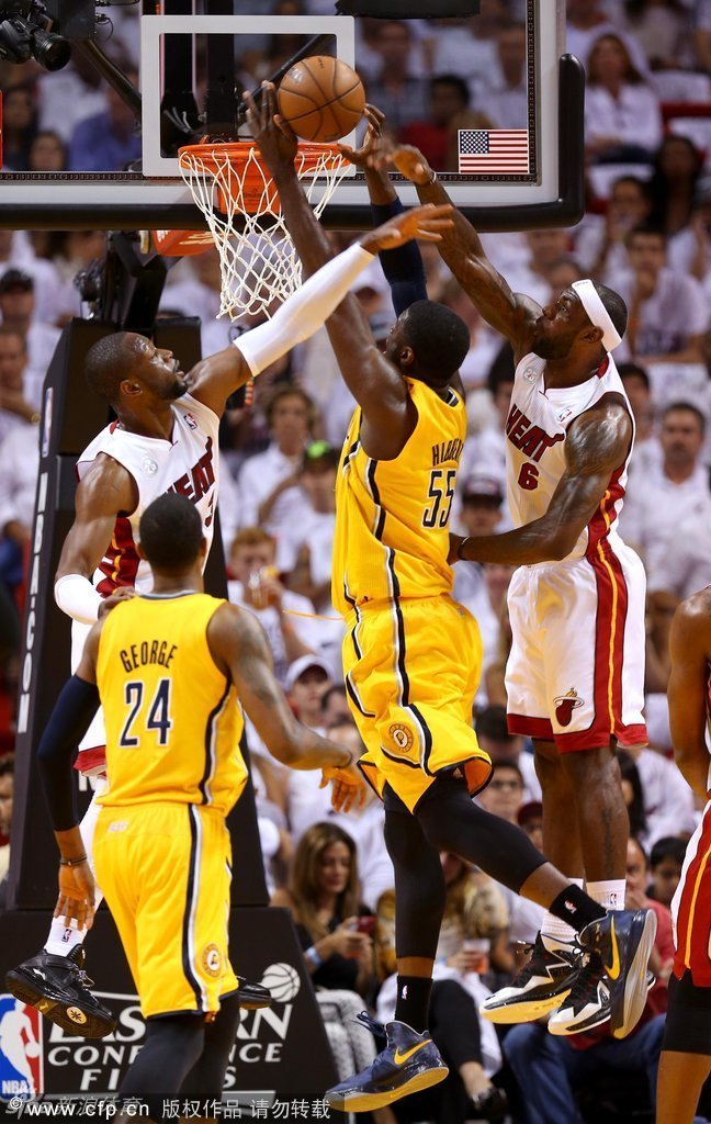  James blocks Hibbert's dunk.