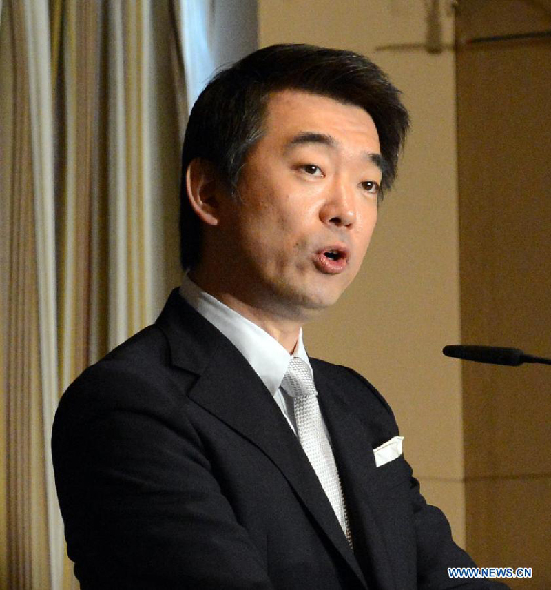 Osaka Mayor Toru Hashimoto speaks during a press conference at the Foreign Correspondents&apos; Club in Tokyo, Japan, May 27, 2013. Hashimoto on Monday denied his remarks on wartime so-called &apos;comfort women&apos;, saying it was not his intention at all to say women who were used as sexual slaves during wartime are necessary.