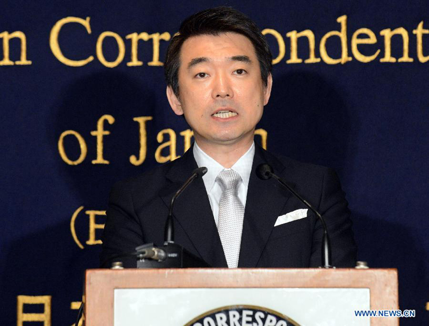 Osaka Mayor Toru Hashimoto delivers a speech during a press conference at the Foreign Correspondents&apos; Club of Japan in Tokyo, May 27, 2013. Toru Hashimoto on Monday denied his remarks on wartime so-called &apos;comfort women&apos; at Foreign Correspondents&apos; Club of Japan, saying it was not his intention at all to say women who were used as sexual slaves during wartime are necessary.