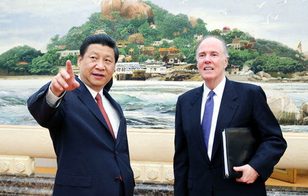 President Xi Jinping meets US National Security Advisor Thomas Donilon at the Great Hall of the People in Beijing on Monday. Donilon's visit is to pave way for Xi-Obama summit which is scheduled for June 7-8 in California, USA. [Xinhua Photo] 