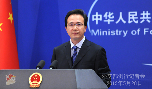 Foreign Ministry spokesman Hong Lei speaks at a press conference in Beijing on May 28. 