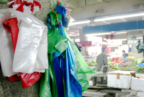Ultra-thin plastic bags seen at a farmer's market