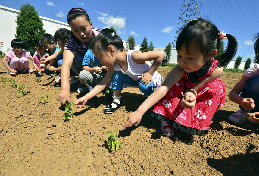 Children enjoy planting vegetables in a kindergarten of Miyun County in suburb Beijing on May 29. Various kinds of activities are held nationwide to celebrate the International Children’s Day which falls on June 1. 