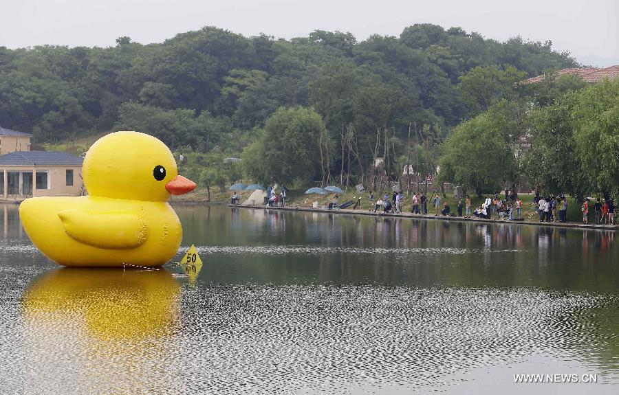 The duck, made by a property company, is a mini copy of the huge rubber duck which appeared in Hong Kong, south China, on May 2. 