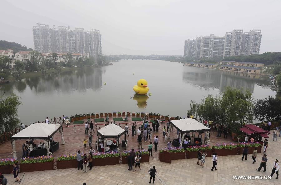 The duck, made by a property company, is a mini copy of the huge rubber duck which appeared in Hong Kong, south China, on May 2. 