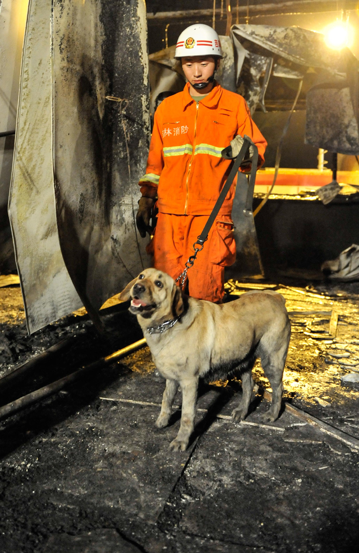 A fire fighter is pictured next to a burnt poultry slaughterhouse owned by the Jilin Baoyuanfeng Poultry Company in Mishazi Township of Dehui City in northeast China&apos;s Jilin Province, June 3, 2013. The death toll from the fire has risen to 119 as of 8 p.m. on Monday. Search and rescue work is under way. [Photo/Xinhua]