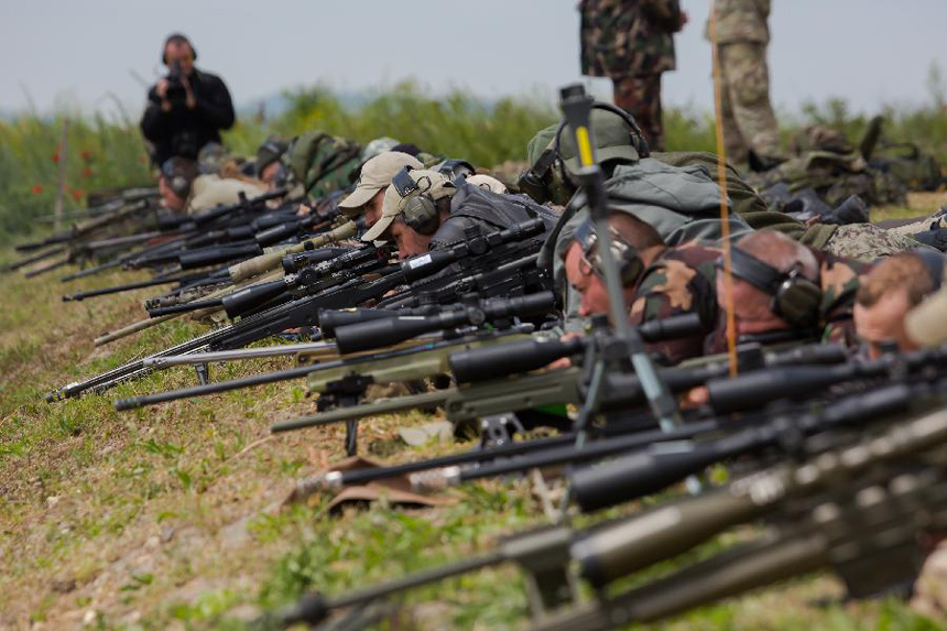 Participants line up to compete during the 12th Police and Military Sniper World Cup in Budapest, Hungary, on June 4, 2013.