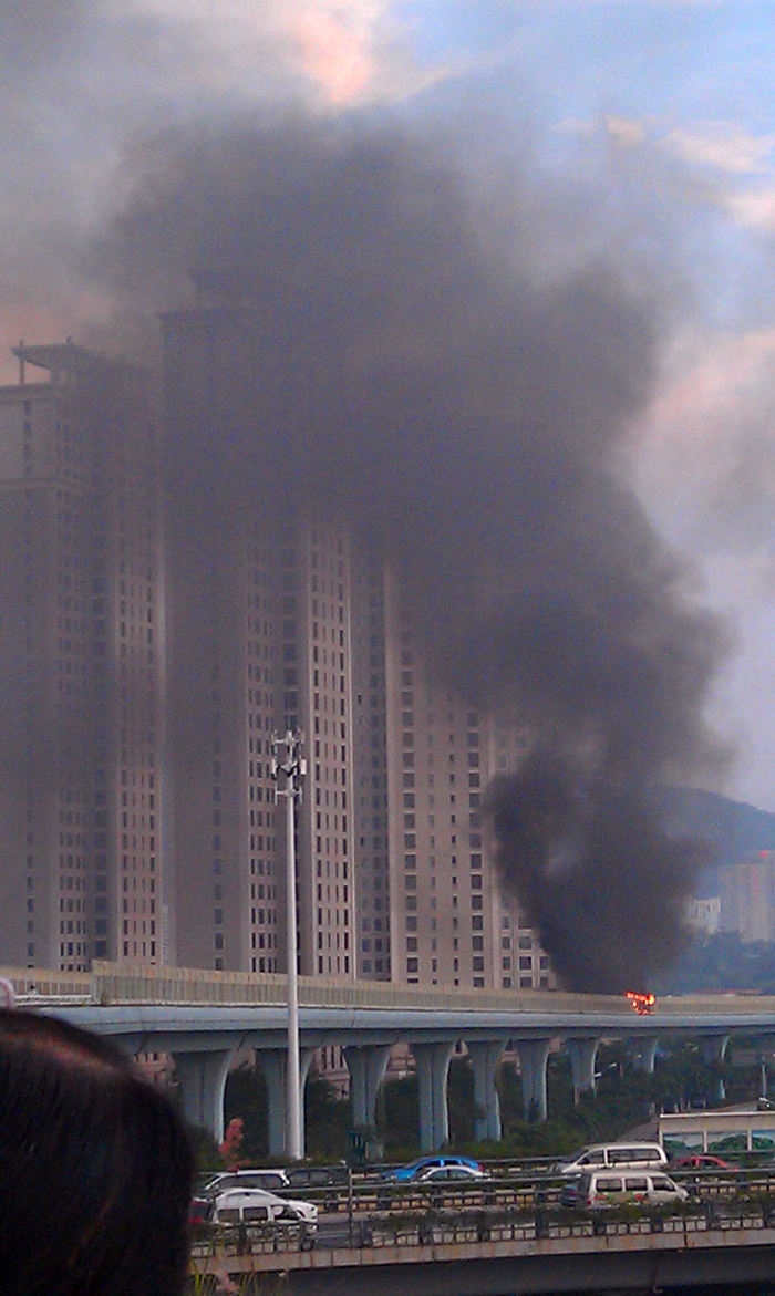 Photo taken on June 7, 2013 shows the bus on fire on an elevated track in Xiamen, southeast China&apos;s Fujian Province. At least 48 people died and more than 30 others were injured after the bus in the city&apos;s BRT (bus rapid transit) service burst into flames at about 6:30 p.m. on Friday. [Photo/Xinhua] 