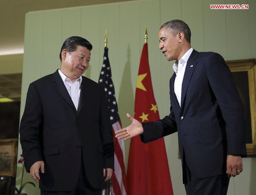 Chinese President Xi Jinping (L) and U.S. President Barack Obama meet the press after their meeting at the Annenberg Retreat, California, the United States, June 7, 2013.