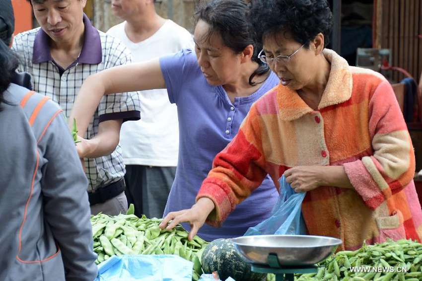 People choose vegetables in a market in Changchun, capital of northeast China&apos;s Jilin Province, June 9, 2013. China&apos;s consumer price index (CPI), a main gauge of inflation, grew 2.1 percent year on year in May, down from 2.4 percent in April, the National Bureau of Statistics said on Sunday. 