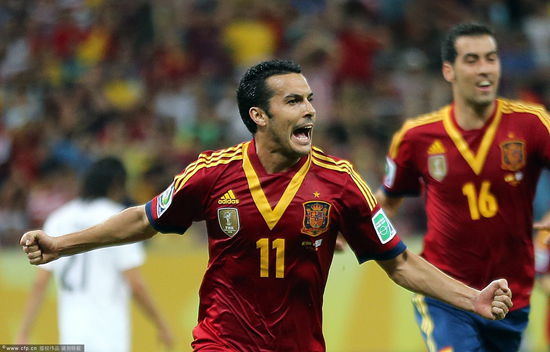 Pedro celebrates after opening the scoring for Spain.