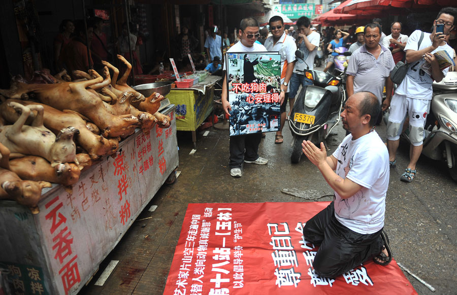 Chinese animal protection activist nicknamed Pian Shan Kong kneels down in front of dogs killed and to be eaten to show apology during a campaign to advocate stopping eating dog meat at a free market in Yulin city, south Chinas Guangxi Zhuang Autonomous Region, 21 June 2012.[Internet photo]
