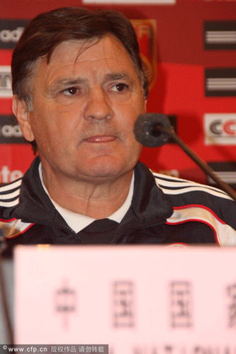 Jose Antonio Camacho at a press conference before China's 2014 World Cup qualifying match against Kuwait.    