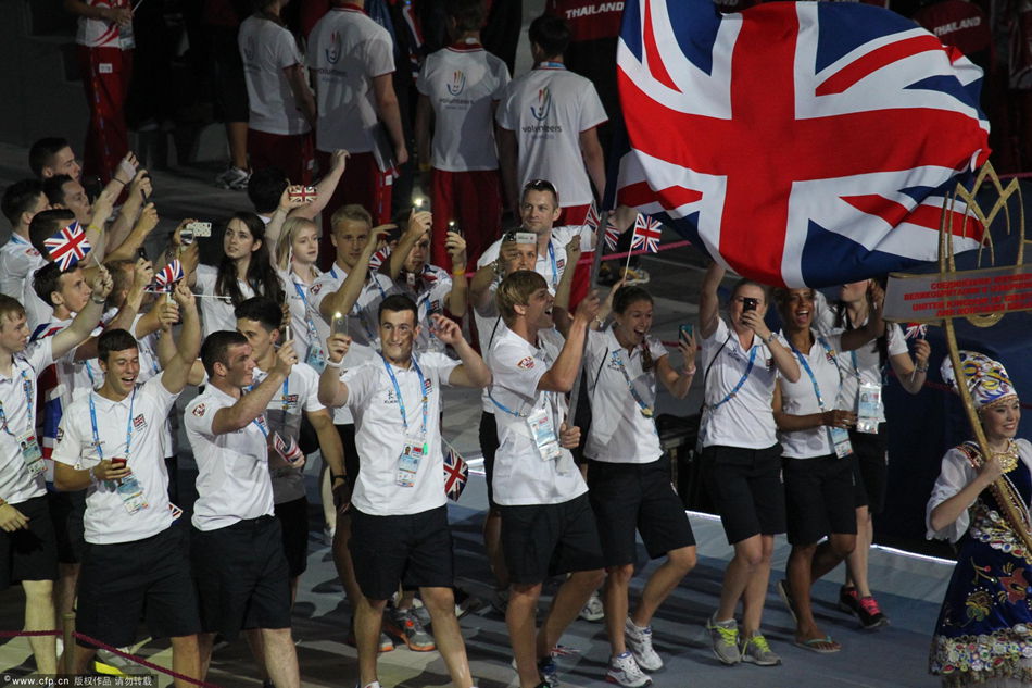 Athletes from Great Britain attend the opening ceremony of Kazan 2013 Summer Universiade on July 06, 2013 in Kazan, Russia. 