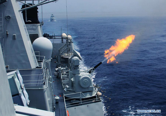 Chinese naval Shijiazhuang guided-missile destroyer attends the 'Joint Sea-2013' drill at Peter the Great Bay in Russia, July 10, 2013. The 'Joint Sea-2013' drill participated by Chinese and Russian warships concluded here on Wednesday. [Photo/Xinhua] 