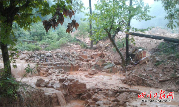A rainstorm-triggered landslide buried many homes in Dujiangyan city, southwest China's Sichuan province Wednesday, July 10th, 2013. [Photo/scdaily.cn]