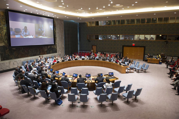 UN Humanitarian Chief Valerie Amos briefs Security Council via video from Geneva. UN Photo/Eskinder Debebe