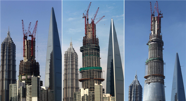The rise of Shanghai Tower, China's tallest building, in the Lujiazui finance and trade district in Shanghai's Pudong area. The photos were taken on May 27, 2012, Nov 28, 2012, and July 17, 2013. [Photo/Xinhua] 