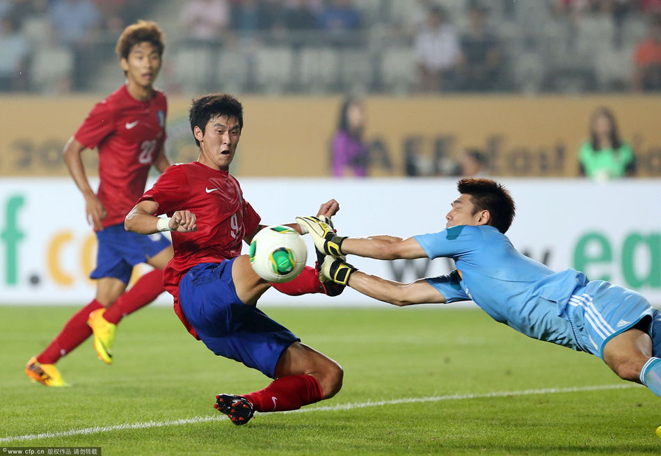 Zeng Cheng of China was kicked in the face by Seo Dong-hyeon of South Korea in the draw at the East Asian Cup in the Hwaseong Stadium on Wednesday.