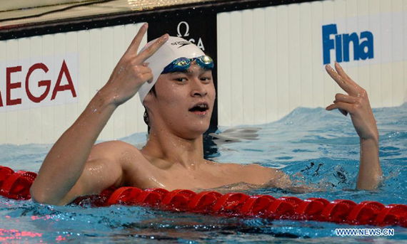 Sun Yang of China reacts after winning the men's 800m freestyle final of the swimming competition at the 15th FINA World Championships in Barcelona, Spain on July 31, 2013