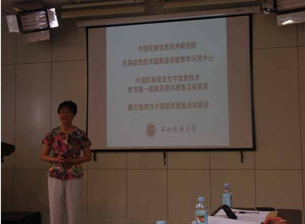 Yu Hongzhi, a professor from Northwest University for Nationalities, elaborates on her project on building an information system for minority groups. [Photo provided to chinadaily.com.cn] 