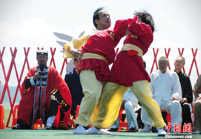 Representatives from 11 factions of wushu,displayed their skills during the Tianshan Mountain Cultural Week in Tekes county, Ili Kazak autonomous prefecture of Xinjiang Uygur autonomous region, August 3, 2013.[Photo/Chinanews.cn]