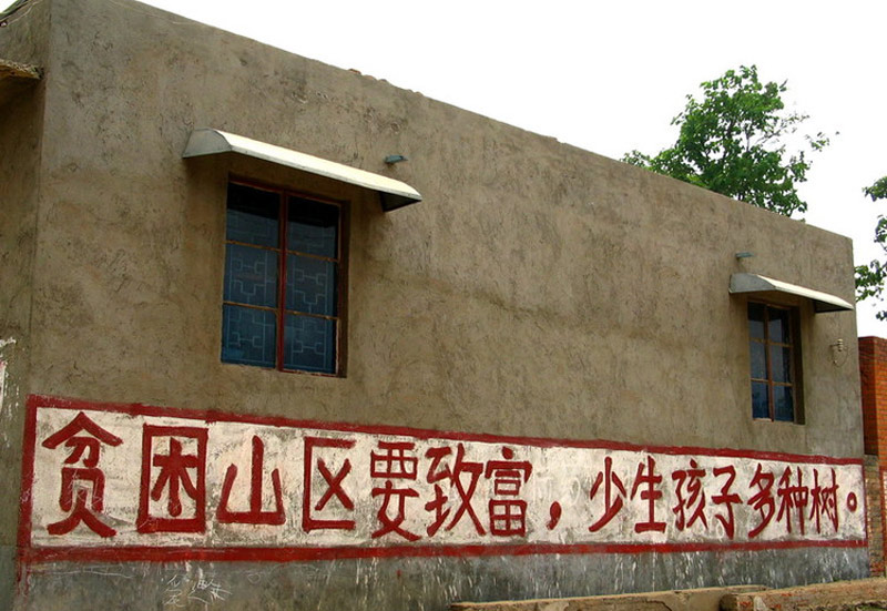 The red slogan reads 'If people in impoverish mountainous areas wants to become rich, they should bear fewer kids and plant more trees.' [Photo by Ma Hongjie provided to chinadaily.com.cn] 