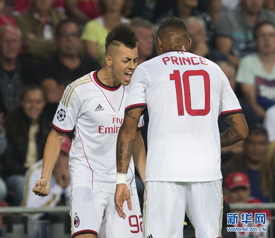 Stephan El Shaarawy celebrated with Kevin Prince Boateng in the 1-1 draw against PSV Eindhoven in the first leg of their UEFA Champions League play-off on August 20, 2013.