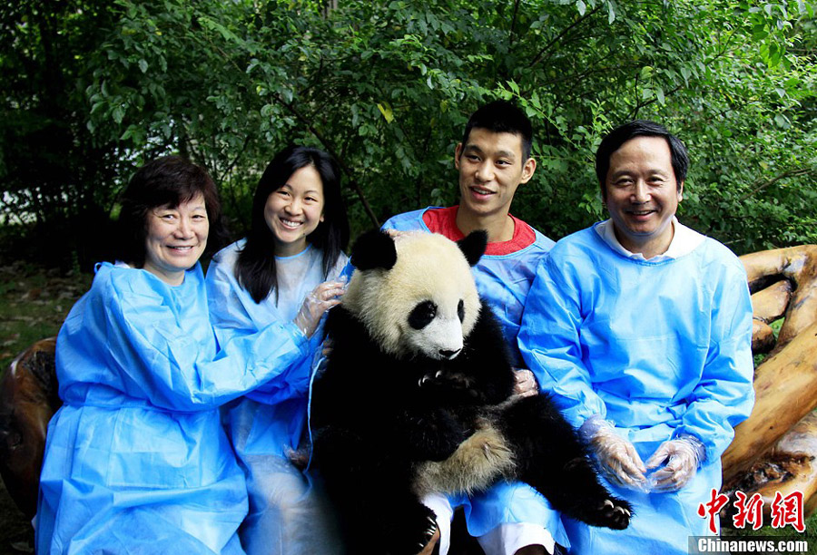 Houston Rockets basketball player Jeremy Lin (2nd R) holds a giant panda at Chengdu Research Base of Giant Panda Breeding in Sichuan province August 29, 2013. [Photo: Chinanews.com] 