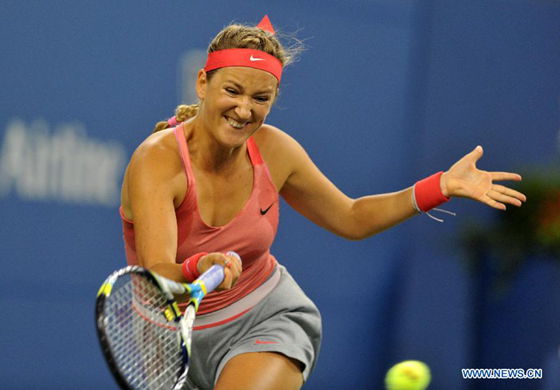 Victoria Azarenka of Belarus returns a shot during the women's quarterfinal match against Daniela Hantuchova of Slovakia at the U.S. Open tennis championships in New York Sept. 4, 2013. (Xinhua/Wang Lei)