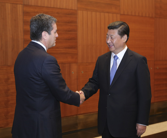Chinese President Xi Jinping (R) meets with Roberto Azevedo, director-general of the World Trade Organization (WTO), in St. Petersburg, Russia, Sept. 5, 2013. 