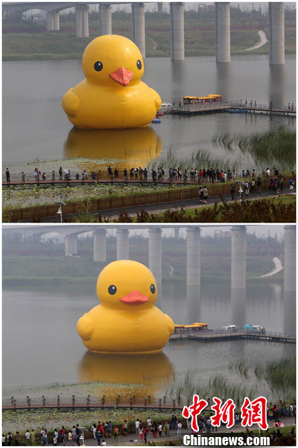 A giant rubber duck has been repaired after it was found to have a drooping beak and wrinkled skin after it made its Beijing debut on Friday.