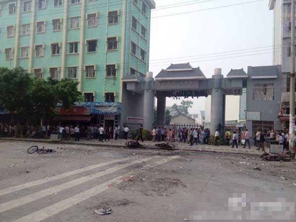 The site of an explosion which happened near a school in South China's Guangxi Zhuang Autonomous Region on Monday morning.