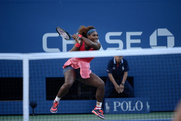  Serena Williams returns a shot to Victoria Azarenka in the US Open final.