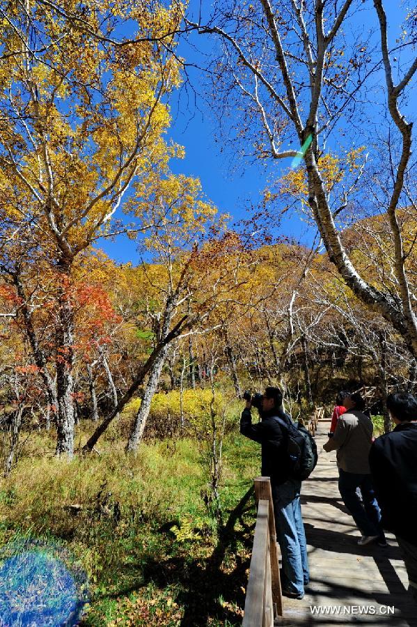 A tourist takes photo on the Changbai Mountain in northeast China's Jilin Province, Sept. 15, 2013