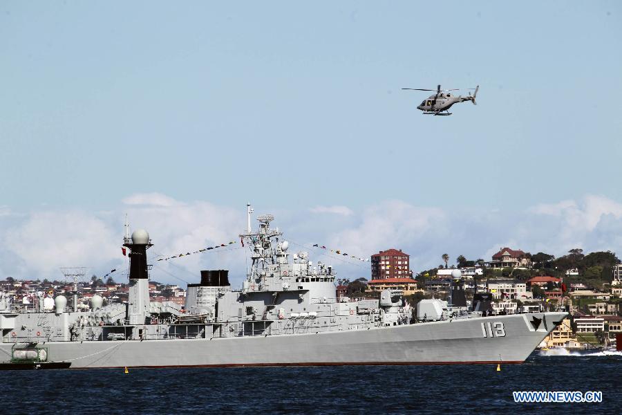 Chinese People's Liberation Army Navy destroyer Qingdao is seen docked at Sydney Harbor, Sydney, Australia, Oct. 4, 2013. More than 20 warships from 17 nations have arrived in Sydney Harbor to take part in the historic International Fleet Review. The fleet, which includes ships from the United States, the United Kingdom, France, India, Singapore and China, made their arrival Friday morning. [Xinhua/Jin Linpeng] 