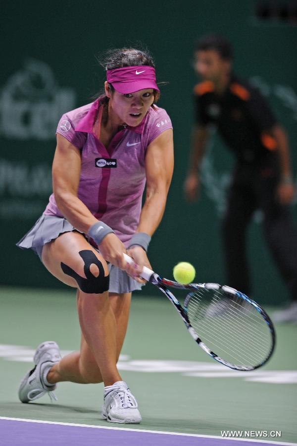 Li Na of China hits a return to Victoria Azarenka of Belarus during their WTA tennis championships match at Sinan Erdem Dome in Istanbul, October 25, 2013. Li Na won the match 2-0. 