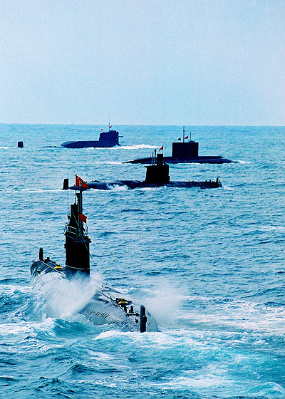 China's nuclear submarine conducts a drill with other submarines. Provided to China Daily