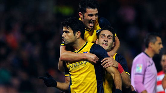 Diego Costa is congratulated by strike partner David Villa  