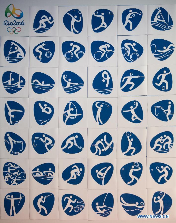 Pictograms for the Rio 2016 Olympic Games are seen during their presentation by the Rio 2016 Organizing Committee in Rio de Janeiro, Brazil, on Nov. 7, 2013. (Xinhua/Xu Zijian) 