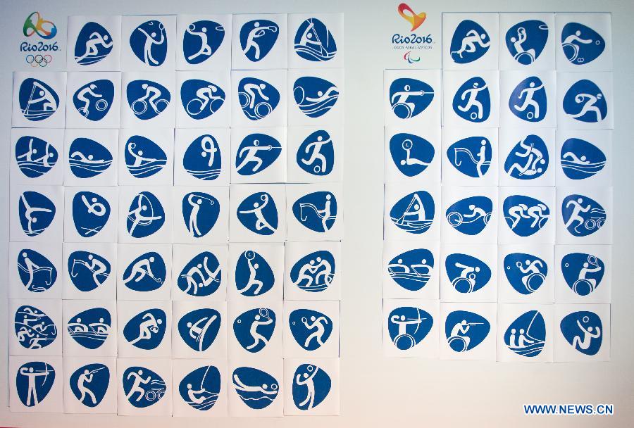 Pictograms for the Rio 2016 Olympic and Paralympic Games are seen during their presentation by the Rio 2016 Organizing Committee in Rio de Janeiro, Brazil, on Nov. 7, 2013. (Xinhua/Xu Zijian) 