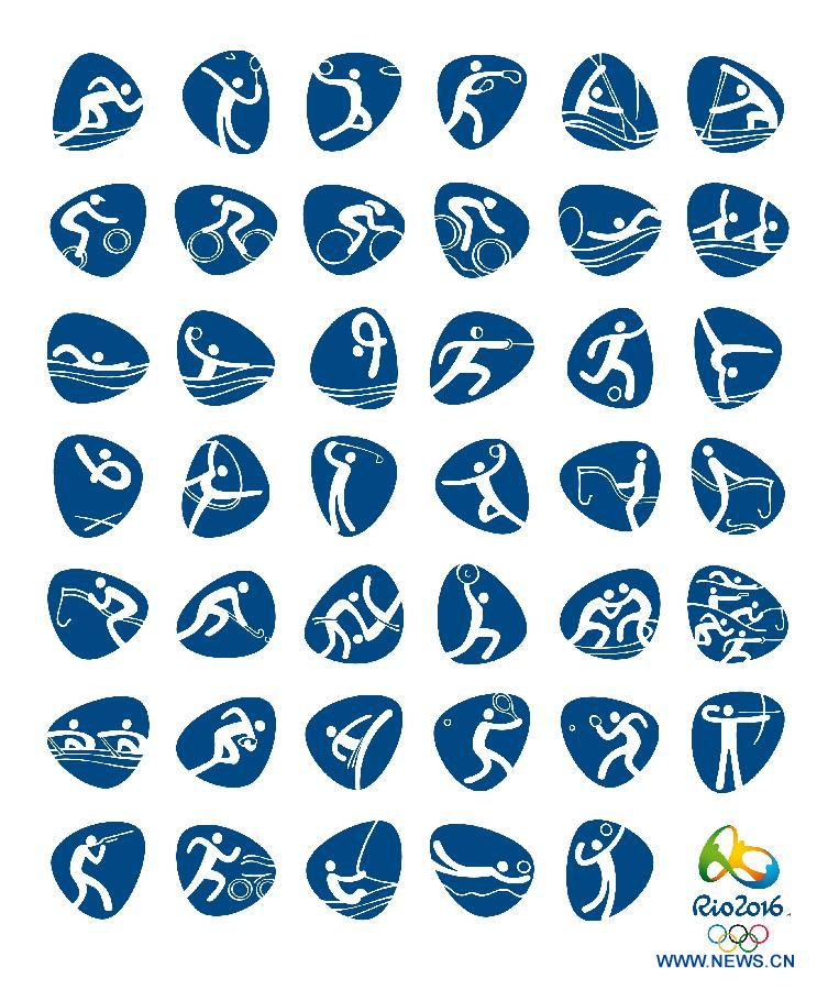 A handout photo released on Nov. 7, 2013 shows the pictograms for the Rio 2016 Olympic Games during their presentation by the Rio 2016 Organizing Committee in Rio de Janeiro, Brazil. (Xinhua) 