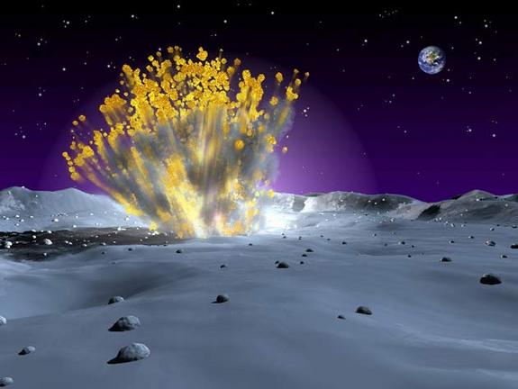 Europe's SMART-1 spacecraft has struck the Moon, mimicking this artist's view of a small but powerful meteor strike on the lunar surface. Shown here is 'ejecta' or the spray of debris that follows a natural or a human-made impact, unimpeded by gravity or atmosphere.[Space.com]