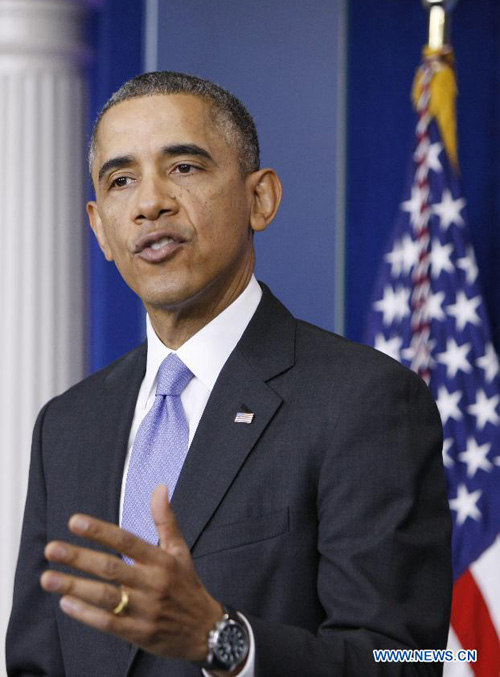 U.S. President Barack Obama speaks at a press conference at the White House in Washington D.C., United States, Nov. 14, 2013. There is no need for Congress to add new sanctions on Iran if the United States is serious about pursuing diplomatic solution to Tehran's disputed nuclear program, Obama said on Thursday. [Xinhua/Fang Zhe] 