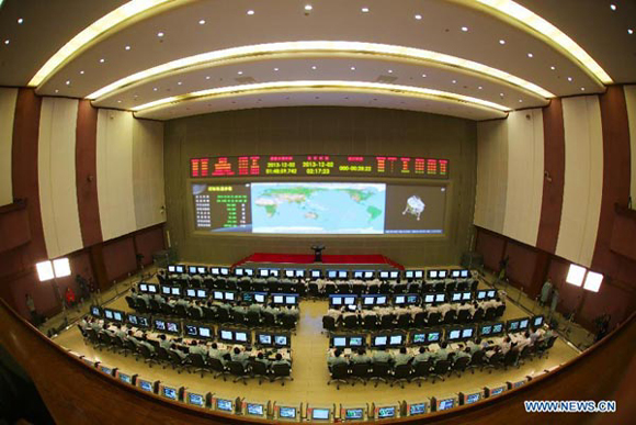 Photo taken on Dec. 2, 2013 shows the Beijing Aerospace Control Center in Beijing, capital of China. China succefully launched its third lunar probe, Chang'e-3, early Monday. It is expected to soft-land on the moon in mid-December.