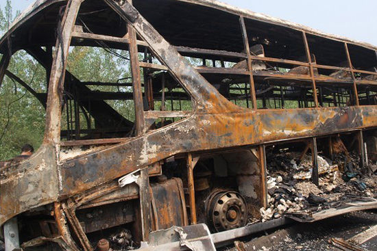 The 35-seater bus was carrying 47 people from the city of Weihai to Changsha when it exploded and caught fire and on an expressway near Xinyang in the early morning of July 22. [file photo]