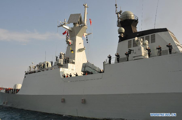 Photo taken on Jan. 4, 2014 shows the frigate Yancheng at the Cypriot port of Limassol. Chinese navy frigate Yancheng arrived in the Cypriot port of Limassol on Saturday at the start of its mission to provide security support to the operation for removing Syria's chemical weapons. [Photo/Xinhua]