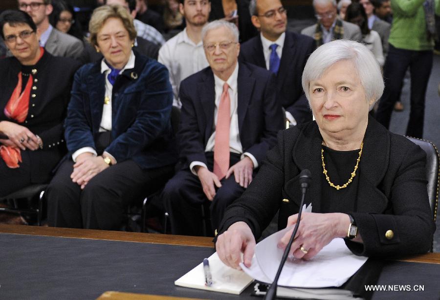 File photo shows Vice Chairwoman of the U.S. Federal Reserve (Fed) Janet Yellen testifying during her nomination hearing to chair the Federal Reserve before the Senate Banking Committee on Capitol Hill in Washington D.C., capital of the United States, Nov. 14, 2013. 