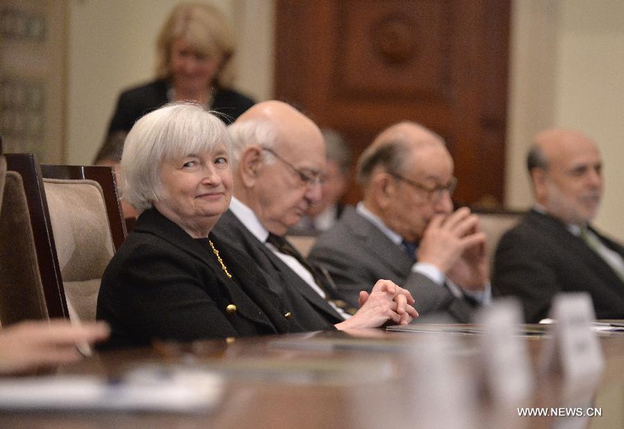 File photo shows (R-L) U.S. Federal Reserve (Fed) Chairman Ben Bernanke, former Fed heads Alan Greenspan and Paul Volker, Vice Chairwoman and incoming Chairwoman Janet Yellen attending the U.S. Federal Reserve centennial commemoration at the Federal Reserve building in Washington D.C., capital of the United States, Dec. 16, 2013.