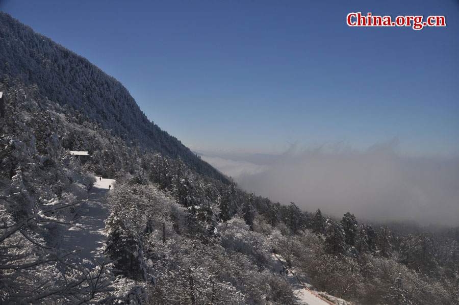 峨眉山以多雾著称，常年云雾缭绕，雨丝霏霏。弥漫山间的云雾，变化万千，把峨眉山装点得婀娜多姿，犹如仙境一般。[中国网 陈祥昭 摄]